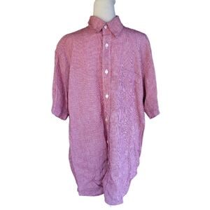 Orvis Red White Micro Houndstooth Button Front 100% Linen Shirt Size Large